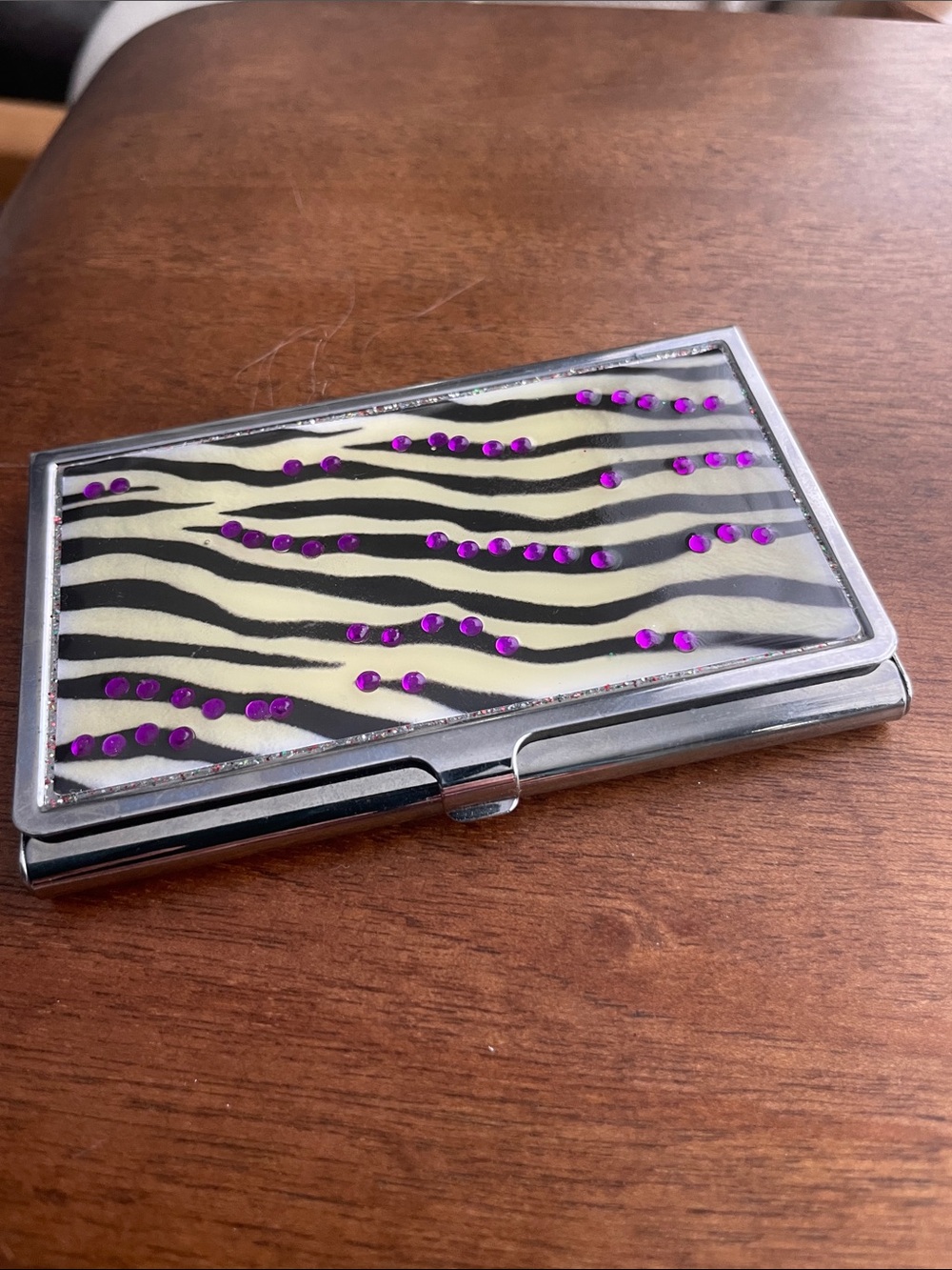 Pier 1 Silver Zebra Card Case with Purple Rhinestones